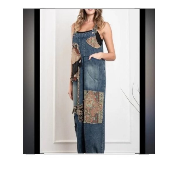 BlueVelvet Denim Capri Overalls with Mixed Patches in Denim XL🆕⌚📦🏃💨🚚 - Picture 7 of 16